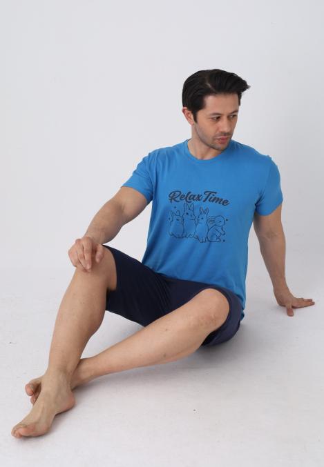 Pijama barbat cu maneca scurta si pantaloni 3/4, culoare albastru, Engros